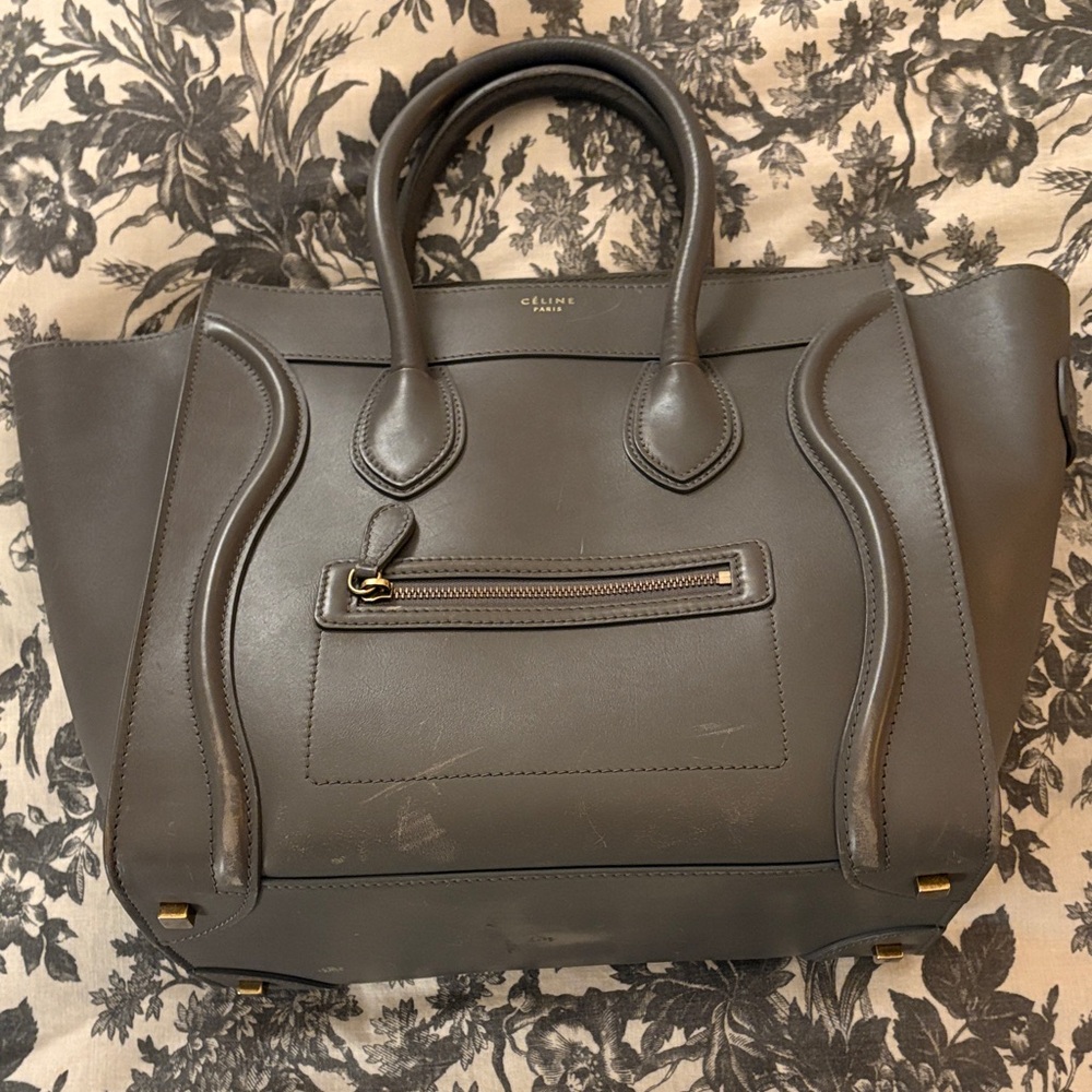 Authenic Celine Luggage Tote in Smooth Grey Calfskin Leather